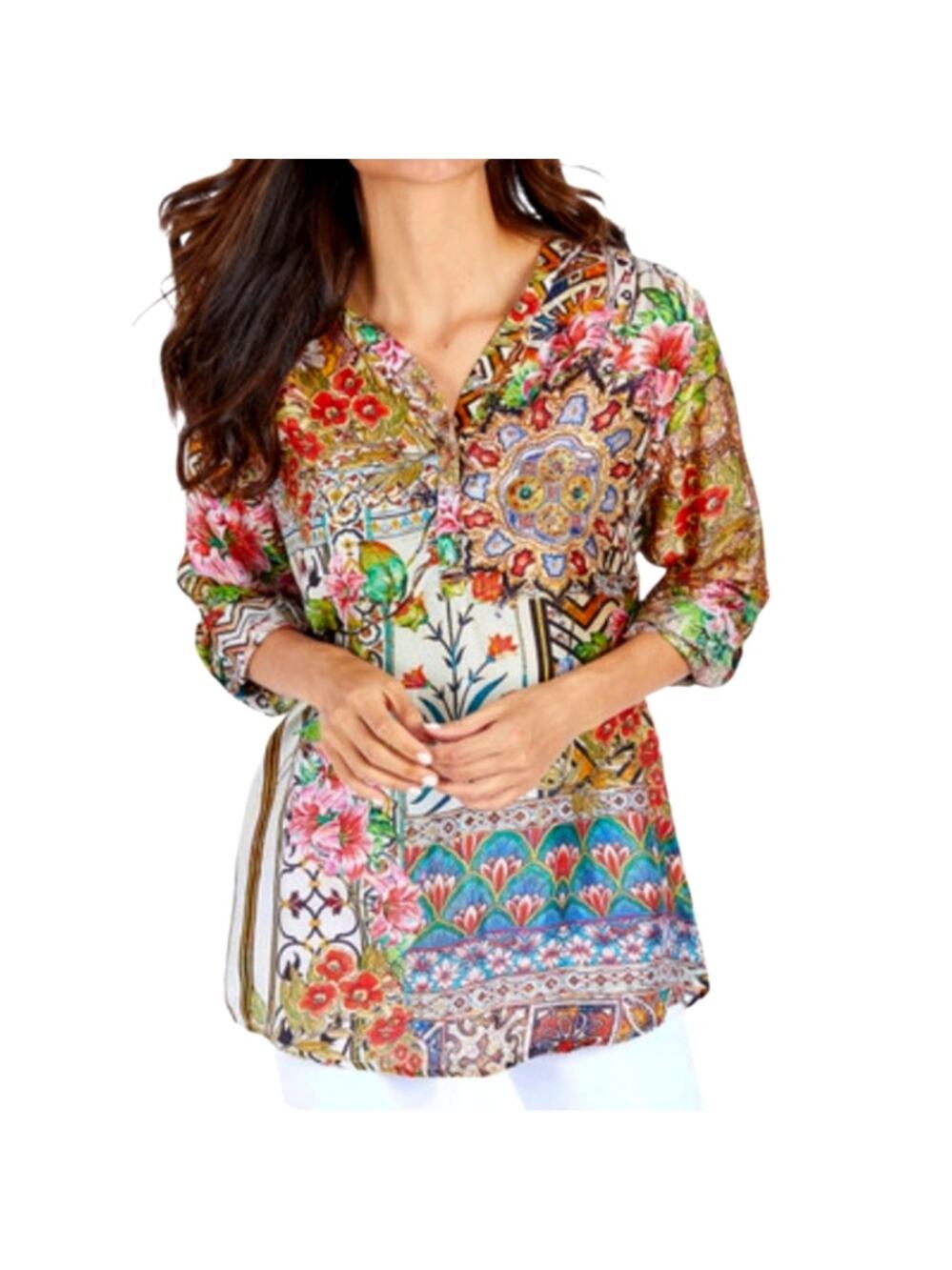Cienna Floral Silk Tunic Blouse Multicolor Tropical Size XL Boho 3/4 Sleeve